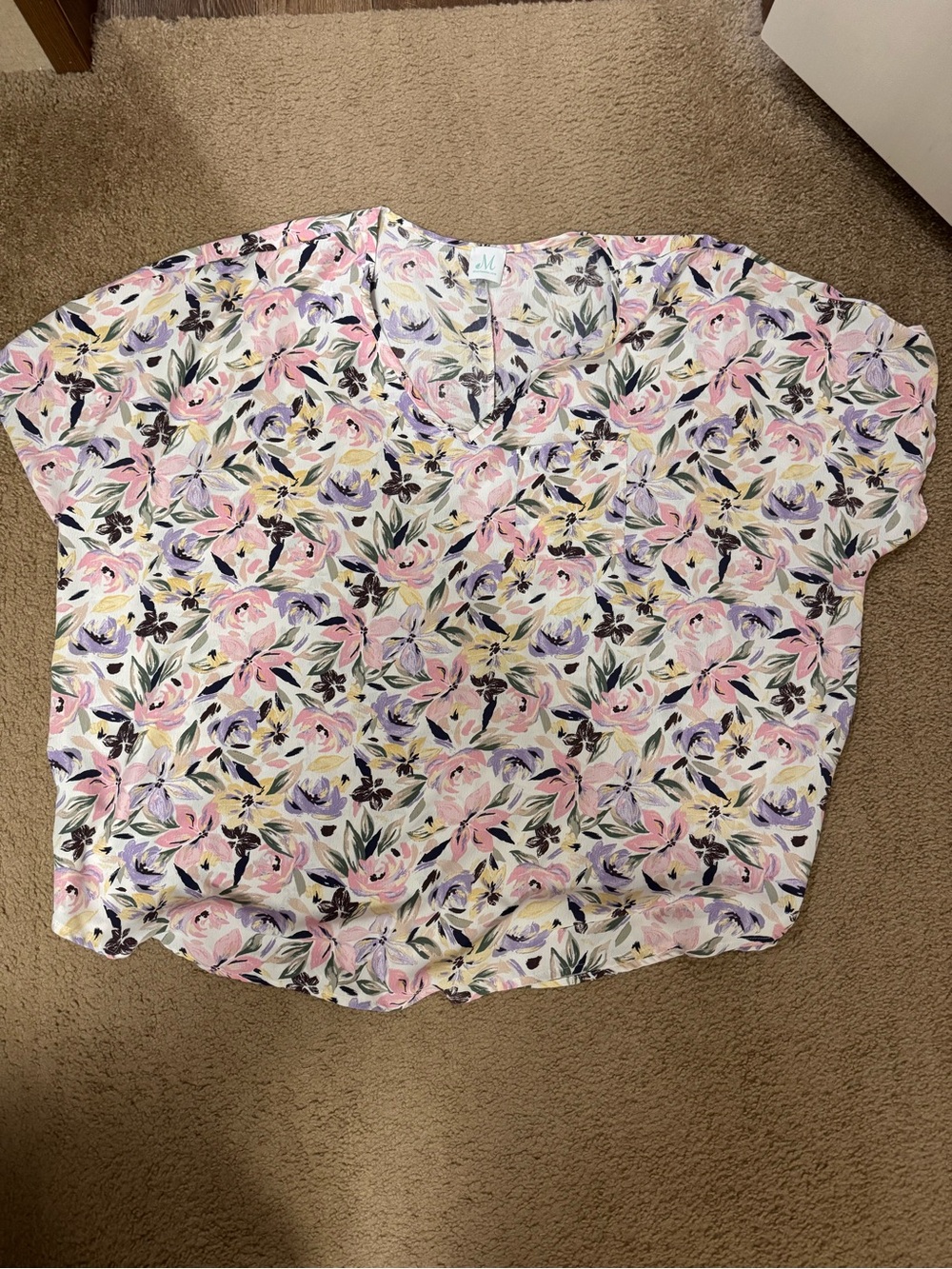 Women's V-Neck Floral Blouse in Pastel Pink and Lavender